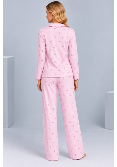 Pijamask Kadın Çiçek Desenli Bebe Yaka Düğmeli Uzun Kollu Müslin Pijama Takımı Pembe