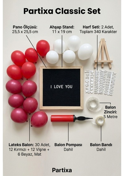 Sevgililer Günü Yıl Dönümü Süsleme Classic Set Siyah Keçe Yazı Panosu Standlı Balon Zincirli El Pompası Romantik Set Tüm Yaşlar