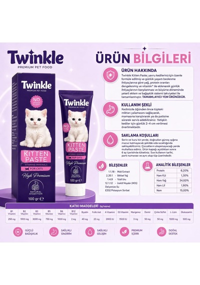 Twinkle Kitten Kedi Malt Macunu 100 Gr - Yavru Kediler İçin Vitaminli Malt - Sindirim Ve Gelişim Desteği - Taurinli Tamamlayıcı Yem