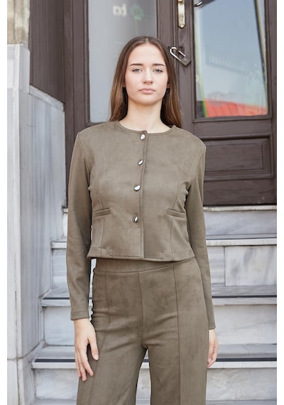 Kadın Esnek Süet Kumaş Sıfır Yaka Flato Cepli Uzun Kol Blazer Ceket-haki Haki