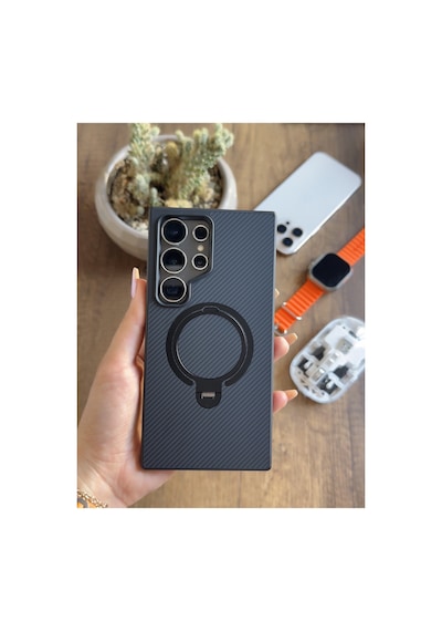 Samsung Galaxy S24 Ultra Uyumlu Karbon Desenli Standlı Ve Magsafe Uyumlu Kılıf Soocase700