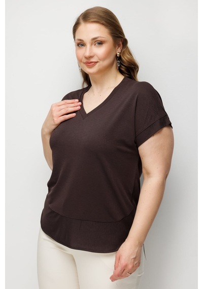 On Kadın Büyük Beden V Yaka Parçalı T-shirt 71476 Kahverengi