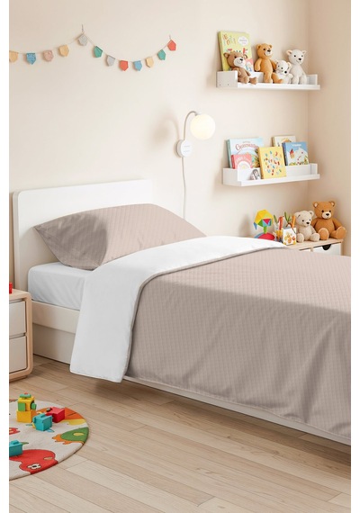 Bej Minimal Genç Odası Tek Kişilik Pike Takımı - Kapitone Bohem 160x220 Cm Mevsimlik Yatak Örtüsü Pamuksu Perde Aurası