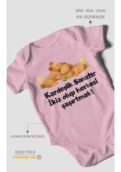 Morivokids Kardeşlik Sanattır, İkiz Yazılı Kısa Kollu Bebek Body %100 Pamuk Koyu Pembe