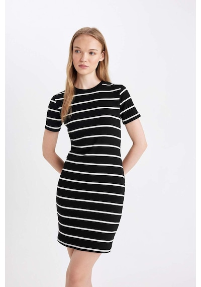 DeFacto Coool Bodycon Vücudu Saran Bisiklet Yaka Çizgili Fitilli Kaşkorse Kısa Kollu Mini Elbise D5987AXNSBK81