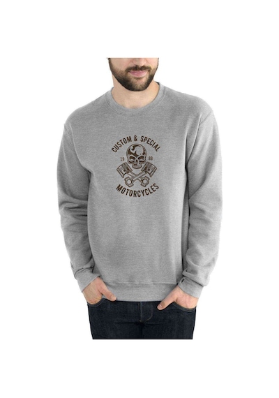 American Moto Costum Special Baskılı Gri Melanj Erkek Sweatshirt