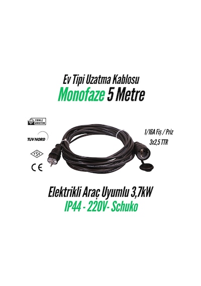 Bemis Elektrikli Araç Monofaze Uzatma Kablosu 16a 5 Metre- 3,7 Kw- 1/16a Fiş-1/16a Priz 3x2,5 Ttr 3,7 Kw- 1/16a Fiş-1/16a Priz 3x2,5 Ttr