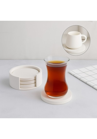 Minimalist Beton Bardak Altlığı Seti - 4 Lü Mat Beyaz Yuvarlak Tasarım & Stand Dahil Beyaz
