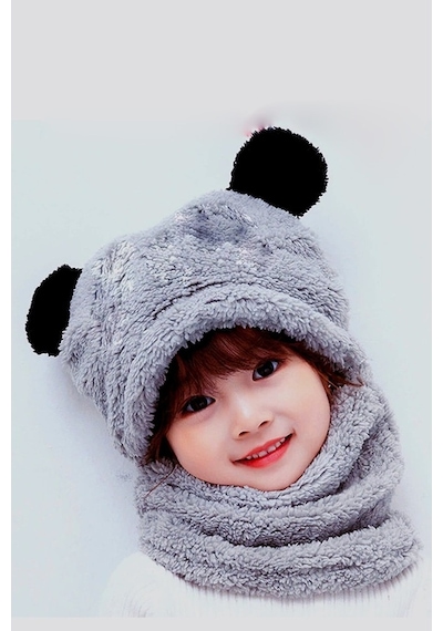 Bundera Panda Çocuk Kapşonlu Peluş Bere Atkı Welsoft Boyunluk