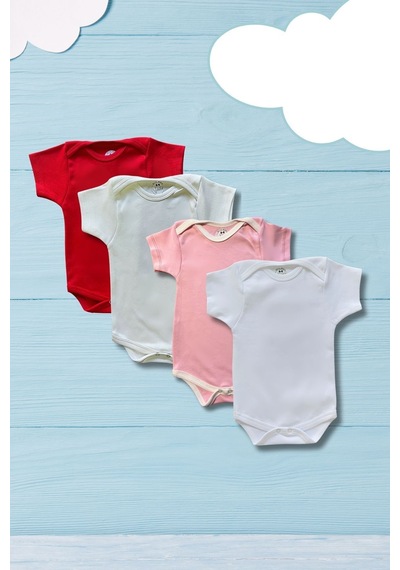 Betül Bebek Kısa Kollu 4'lü Organik Pamuk Çıtçıtlı Bebek Body & Zıbın Kırmızı,ekru,pembe,beyaz Çok Renkli