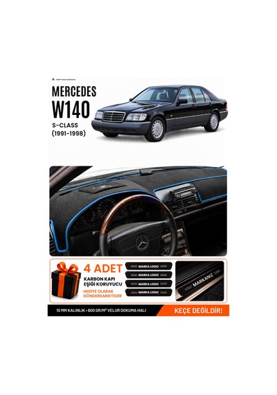 Mercedes W140 1991-1998 Uyumlu Torpido Koruma, Torpido Örtüsü, Torpido Kılıfı - Siyah Mavi