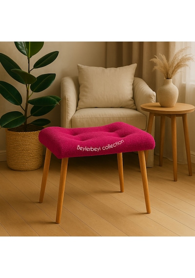 Makyaj Masası Pufu, Fuşya Peluş Kumaş, Ayak Uzatmalık Puf, Dekoratif Puf Pembe