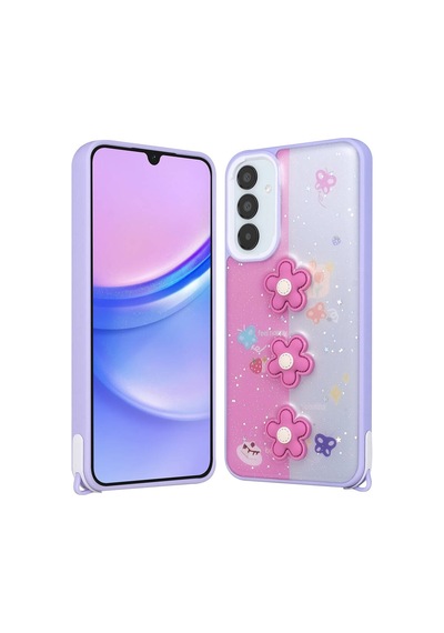 Zore Samsung Galaxy Uyumlu A05s Kılıf Parlayan Simli Kabartma Figürlü Omsy Cevze Kapak - Mor Papatya
