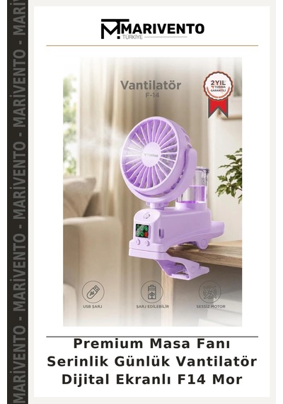 Premium Masa Fanı Serinlik Günlük Vantilatör Dijital Ekranlı F14 Mor