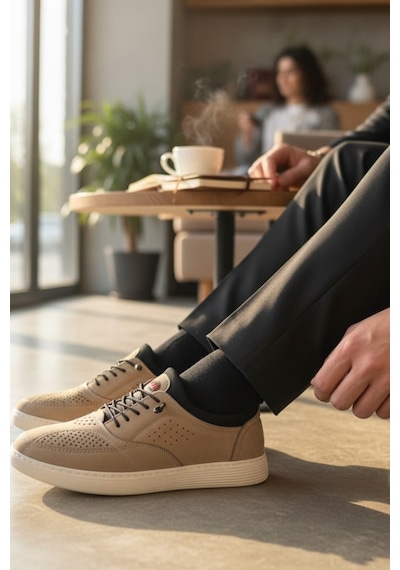 Enoch Hakiki Deri Lazer Kesim Dikişli Erkek Sneaker Ortopedik Taban Bej