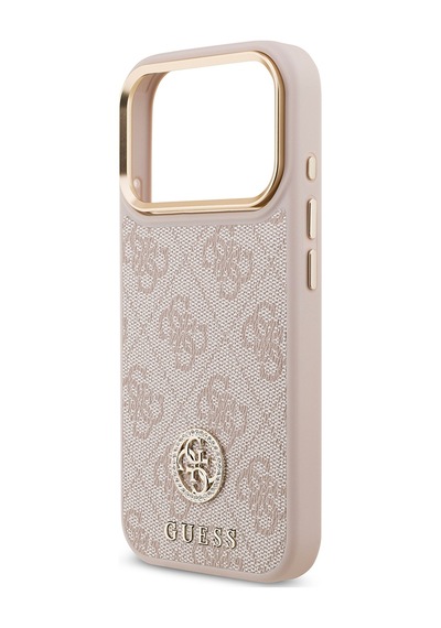 Apple Uyumlu iPhone 17 Pro Kılıf Guess Lisanslı M-safeli Gold Metal Kamera Çerçeveli Taşlı 4g Logolu Pembe Pembe