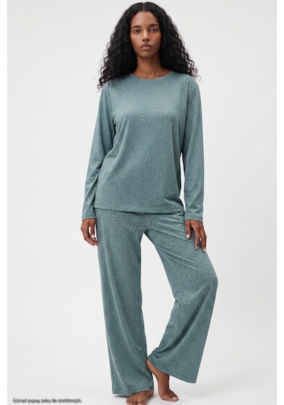 Siyah İnci Leopar Baskılı Örme Pijama Takım 8078 Yeşil Leopar