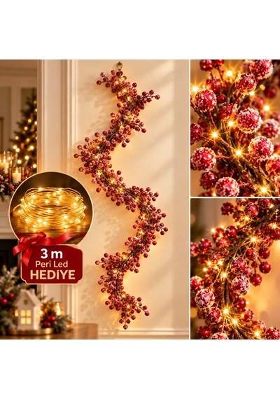 Bakgelal 190 Cm Kokina Görünümlü Yılbaşı Süsleme Dalı Kar Efektli Kırmızı Meyveli Dekoratif Garland, Kapı Ve Merdiven Süsü 3 Metre Peri Led Hediye - 9076523241771 Diğer