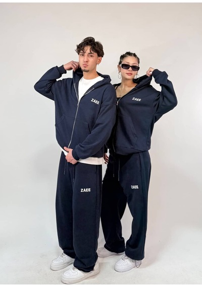 Zaee İnce Kumaş Nakışlı Oversize Premium Zip Hoodie Lacivert
