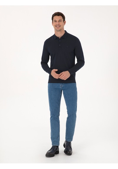 Cacharel Lacivert Regular Fit Yün Karışımlı Polo Yaka Basic Triko Kazak
