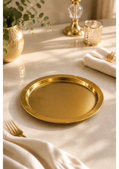 6 Lı Gold Metal Sunum Tepsisi Servis Tepsi İkramlık Sunumluk Fincan Kahve Tepsi 23cm