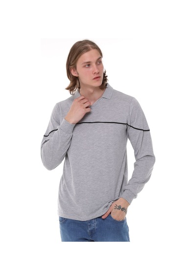 Uniprom Uzun Kollu Erkek T- Shirt Penye Polo Yaka %100 Pamuk Gri Melanj Açık Gri Melanj