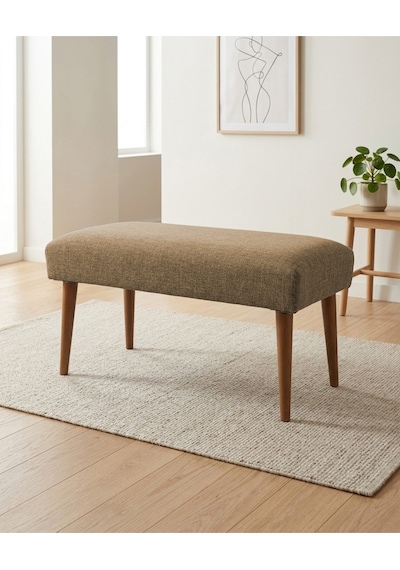 Kahverengi Keten Kumaş Bench Puf 90x45x46 Cm Ahşap Ceviz Ayaklı Demonte Modern Yatak Ucu Bench Oturma Bankı Antre Koridor Pufu