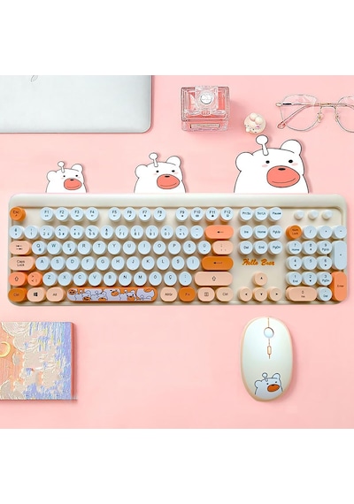 Mofii Ayıcık Desenli Kablosuz Renkli Yuvarlak Tuşlu Klavye Mouse Set-al4258 Pembe Diğer