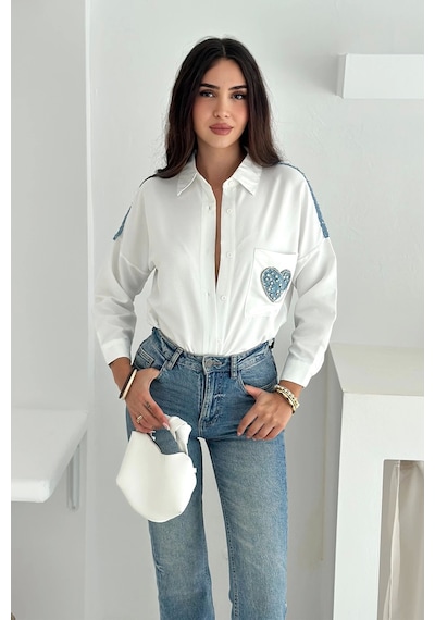 Asprin Fashion Kalp Cepli Gömlek Beyaz