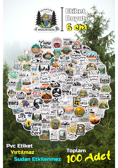 Kamp Temalı Camping Outdoor Adventure Sticker Seti Model-5 5cm - 100 Adet 5cm