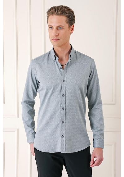 Efor Slim Fit Düğmeli Yaka Dokulu %100 Pamuk Klasik Gri Gömlek Gk 724 Gri
