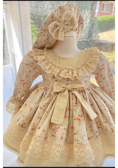 H L Y Karol Tasarım Vintage Model Çiçekli Elbise - Çocuk Abiyesi - Doğum Günü Kıyafeti 0-12 Yaş İçin Uygun KREM