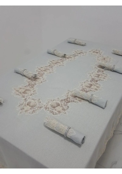 Nihal Güpürlü Keten Gri Sofra Takımı 8 Kişilik 160x230 Cm 17 Prç. - 1154 Çok Renkli
