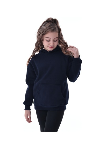 Unisex Çocuk Kapüşonlu Sweatshirt 5-14 Yaş Rahat Günlük Spor Oversize Lacivert