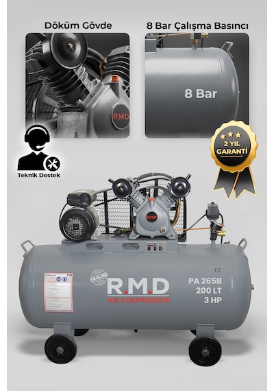 R.m.d Kompresör Hava Kompresörü Pistonlu 200 Lt 2 Kafa 8 Bar 3 Hp I Pa265b