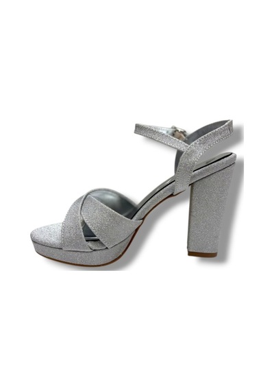 Erbay 308-26 Simli Saten Çapraz Bant Kalın Topuk Kadın Sandalet 11cm Gümüş