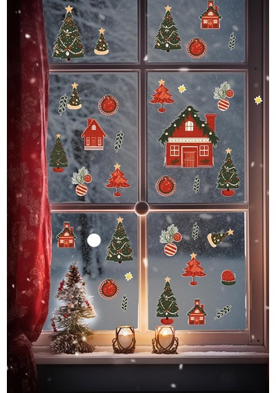 Christmas Stickerları, Noel Baba Ve Yılbaşı Temalı Çocuk Odası Dekorasyon Seti, Kendinden Yapışkanlı Cam Süsl Genel
