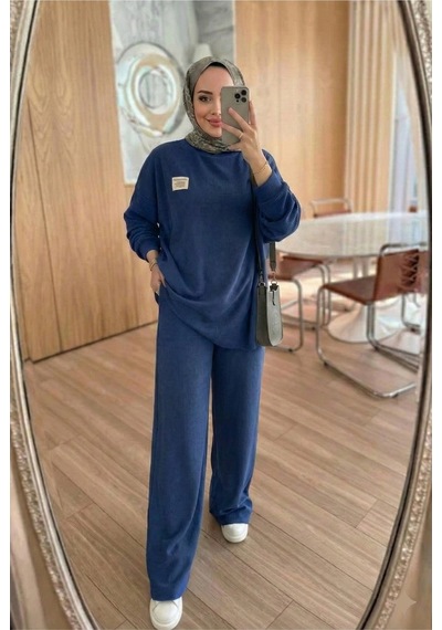 Unika Boutique Fitilli Armalı Detaylı Oversize Kaşkorse Basic Alt Üst Takım Lacivert