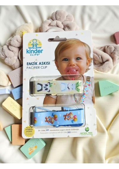 Bebek Emzik Askısı, 2'li Set, Sevimli Hayvan Desenli, Plastik Klipsli, Nikelsiz, En 12586:2025 Standartlarına Uygun Çok Renkli
