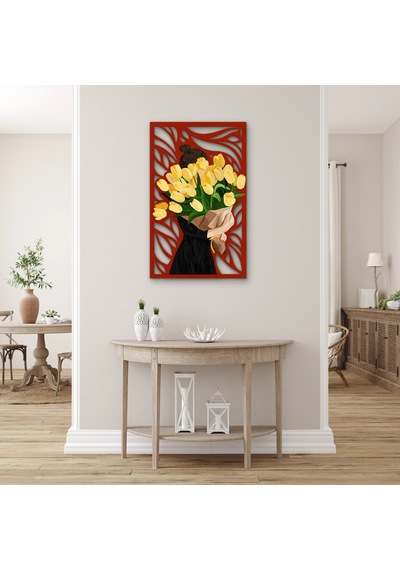 Sarı Lale Buketi Taşıyan Kadın - Metal Tablo - Dec0340 31 X 50 Cm Çok Renkli