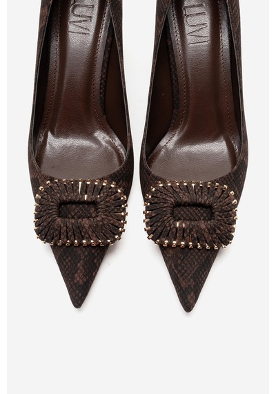 Luvishoes Rebel Kahverengi Desenli Tokalı Kadın Topuklu Ayakkabı Kahverengi