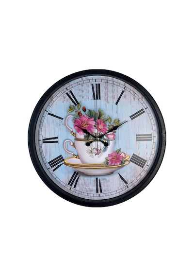 Siyah Floral Tea Cup Duvar Saati Çok Renkli