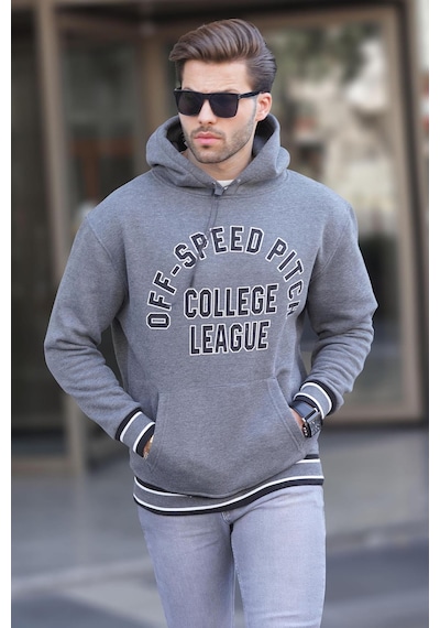 Madmext Antrasit Kapüşonlu Cep Detaylı Baskılı Erkek Sweatshirt 7068 Antrasit