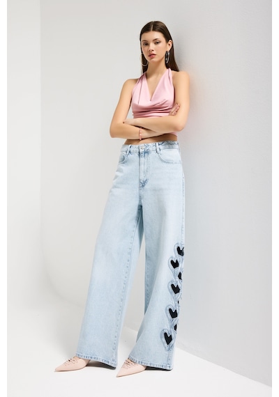 Itsbasic Kadın Ice 4s6-3 Süper Baggy Kalp Nakış Detaylı Özel Tasarım Denim Jean Buz Mavi