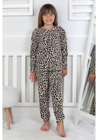 Minik Uyku Avcısı - Vahşi Rahatlık Serisi Leopar Desenli Kız Çocuk Pijama Takımı Sarı