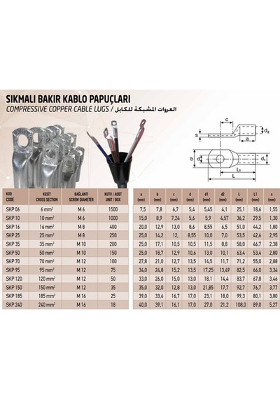 Tamer 10 Adet Sıkmalı Kablo Pabuç Bakır Iletken 10Mm2 M6