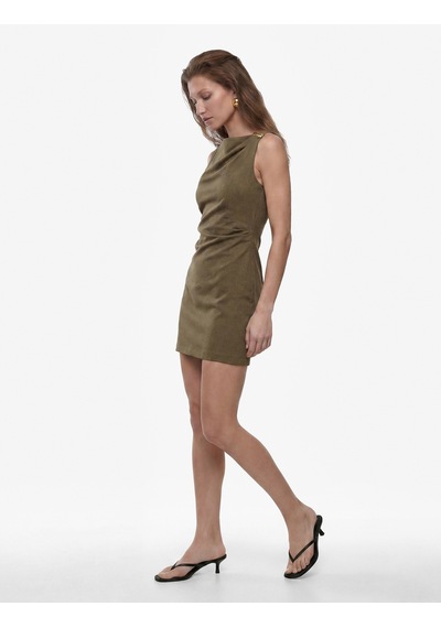 Koton Keten Karışımlı Slim Fit Drapeli Yuvarlak Yaka Metal Aksesuarlı Kolsuz Mini Elbise Haki 6sak80191pw