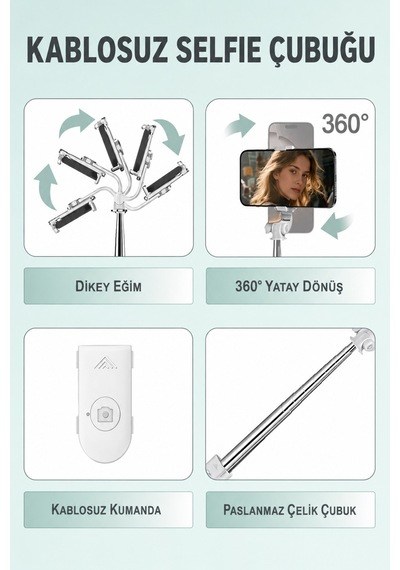Concord 3'ü 1 Arada Bluetooth Selfie Çubuğu Tripod Kumandalı Telefon Tutucu Monopod 360 Döner