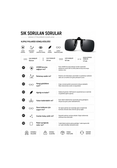 Polarize Güneş Gözlüğü Klipsi Uv400 Korumalı Gözlük Üstü Klips Hafif Mekanizmalı - Siyah Çerçevesiz