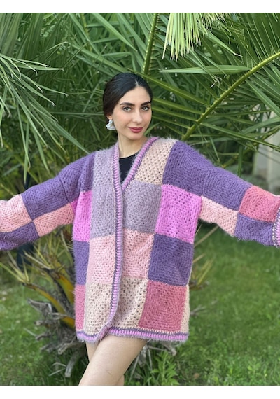 Gönülden Tasarım El Örgüsü Peluş Yumuşak Kadın Oversize Hırka Renkli